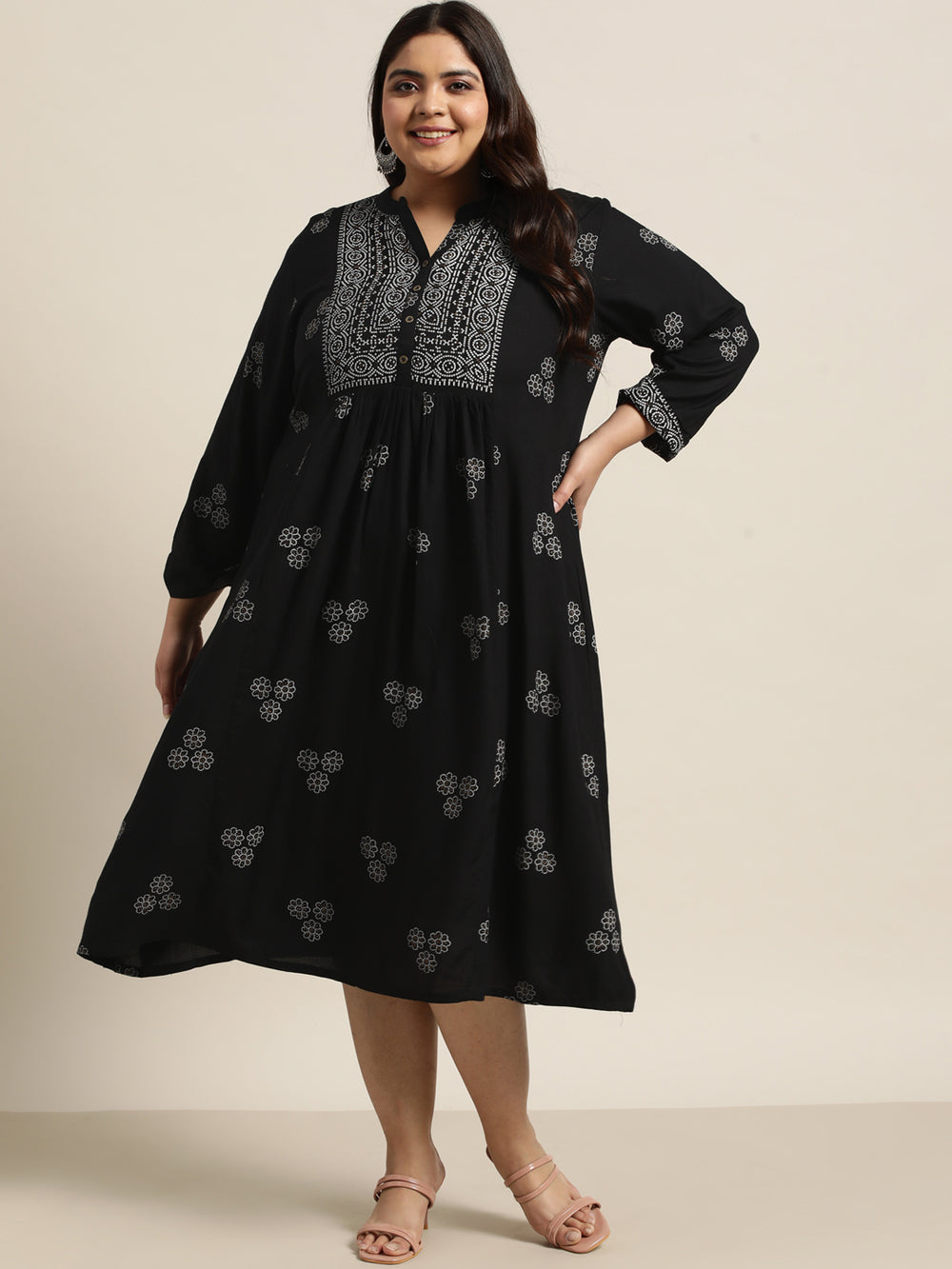 Juniper Women`s Black Rayon Casual Wear Printed Flared Dress