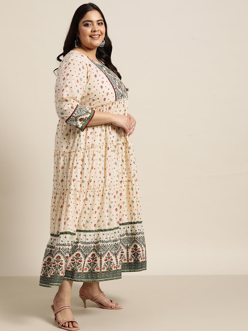 Juniper Women`s Ivory Cambric Festive Wear Printed Tiered Dress