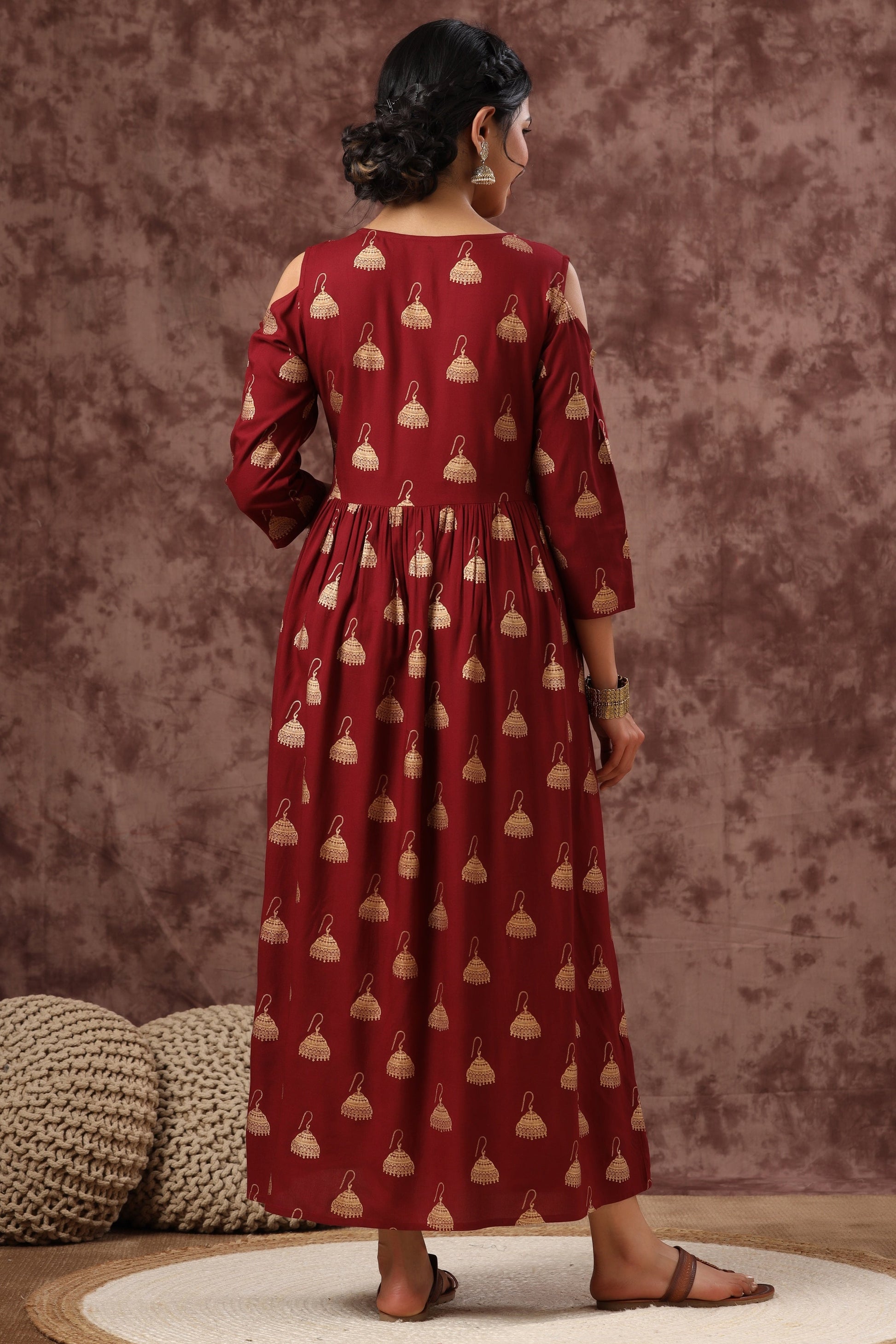 Juniper Women's Juniper Wome Maroon Rayon Printed Fit And Flared Dress