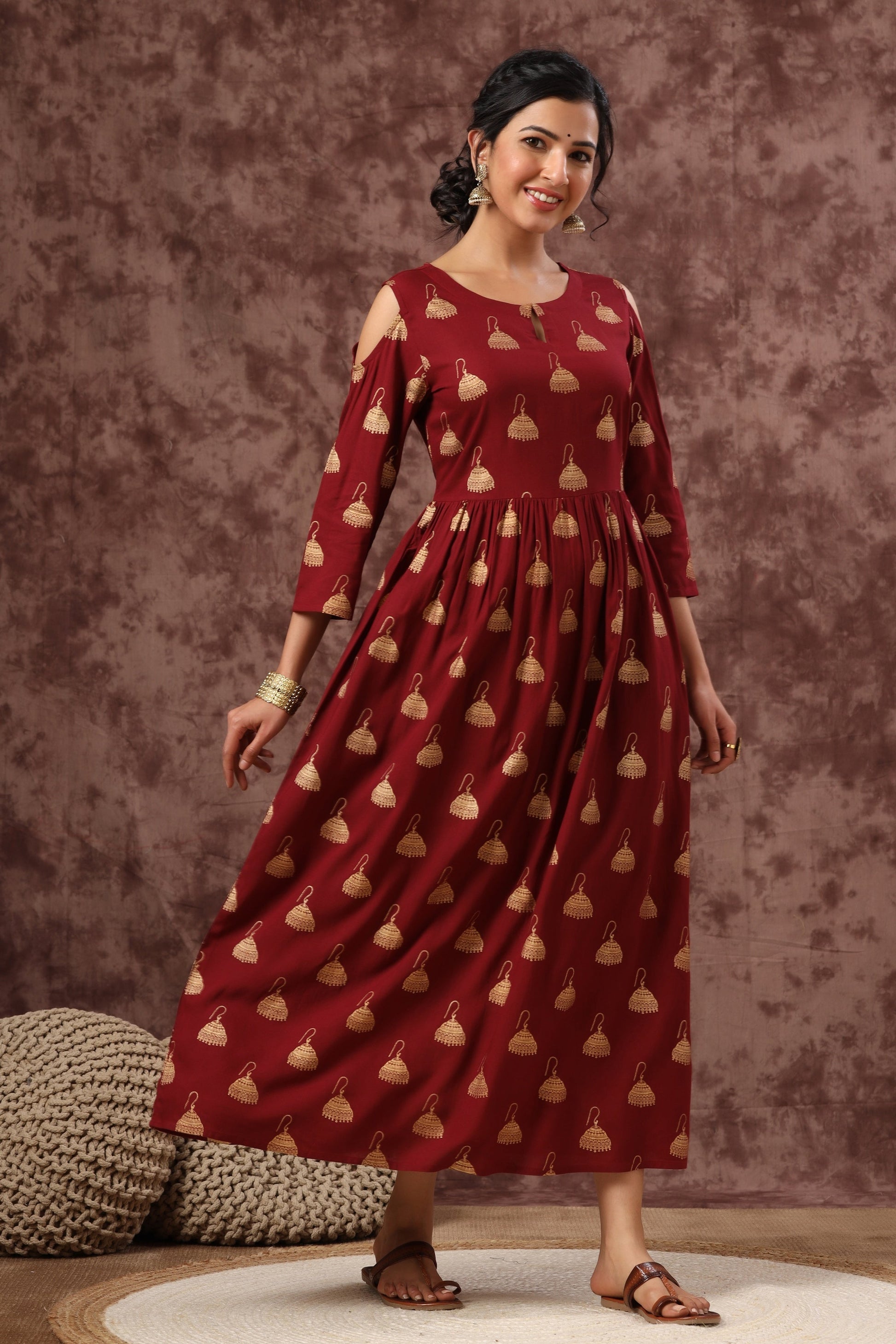 Juniper Women's Juniper Wome Maroon Rayon Printed Fit And Flared Dress