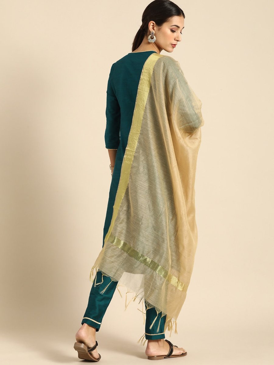 All About You Women Green & Gold-Toned Embroidered Sequinned Kurta with Trousers & Dupatta