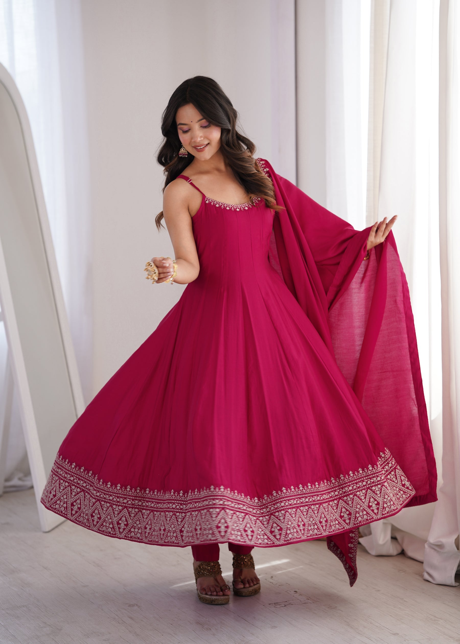 Lorenvalley Fashion Rani Pink Roman Silk Chanderi Embroidery Thread Work Lace Anarkali Gown Pant with Dupatta