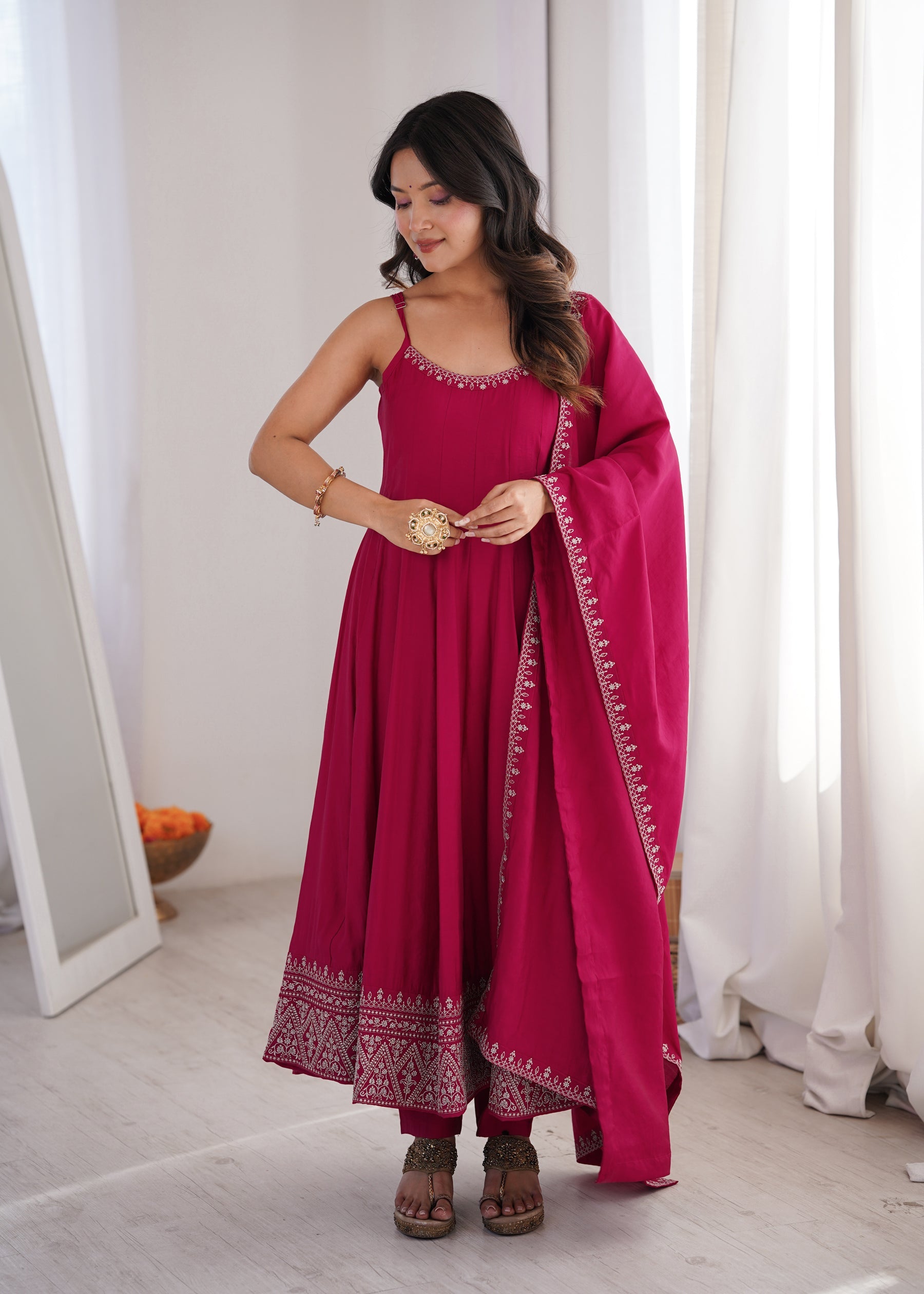 Lorenvalley Fashion Rani Pink Roman Silk Chanderi Embroidery Thread Work Lace Anarkali Gown Pant with Dupatta