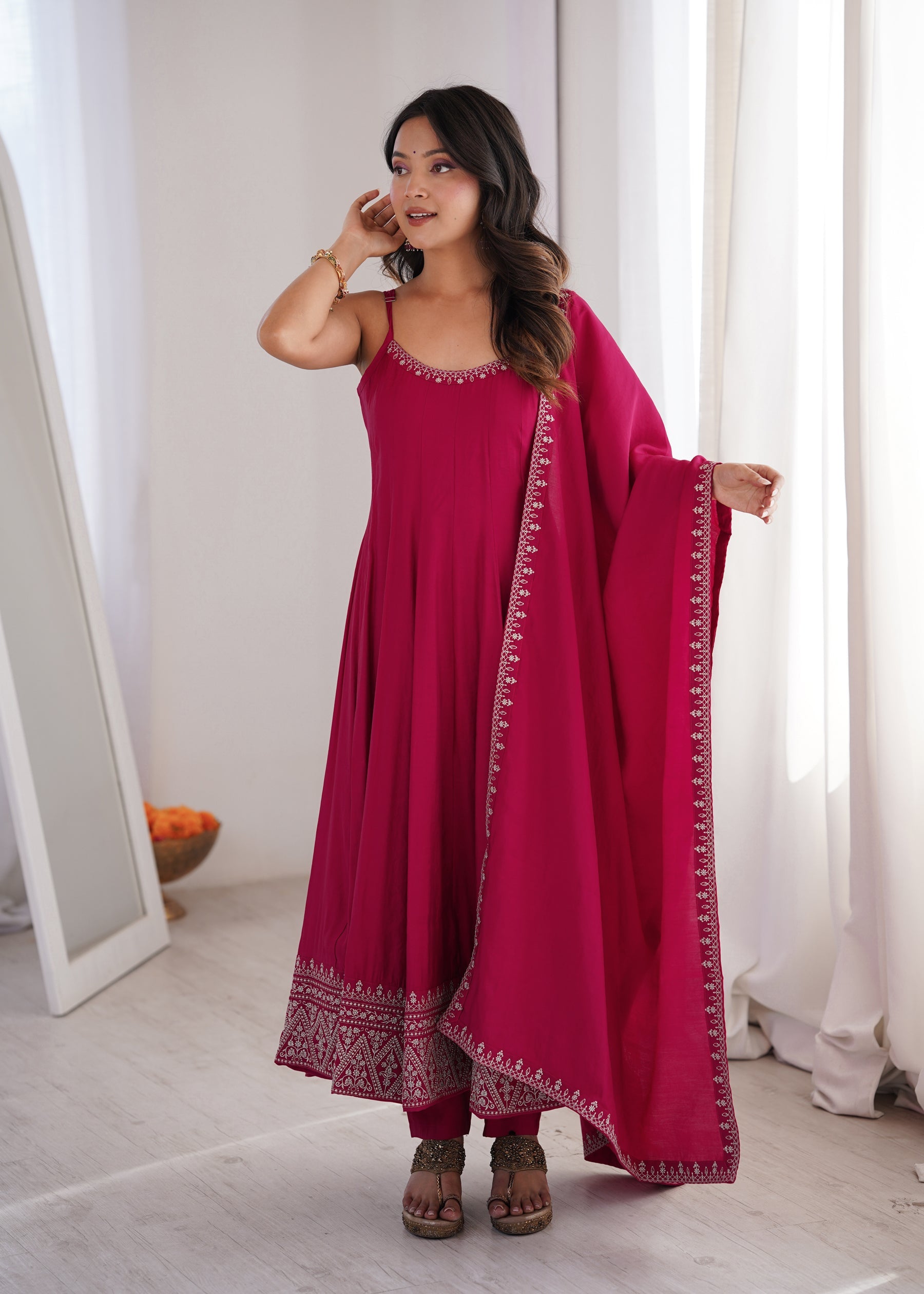 Lorenvalley Fashion Rani Pink Roman Silk Chanderi Embroidery Thread Work Lace Anarkali Gown Pant with Dupatta