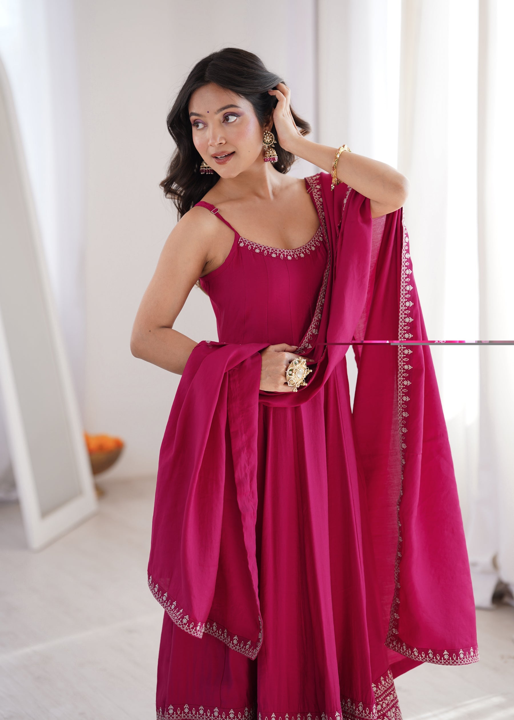 Lorenvalley Fashion Rani Pink Roman Silk Chanderi Embroidery Thread Work Lace Anarkali Gown Pant with Dupatta