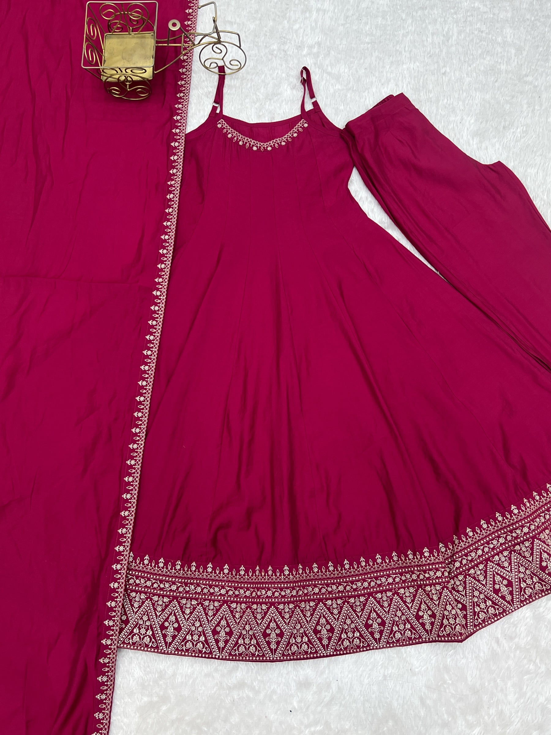 Lorenvalley Fashion Rani Pink Roman Silk Chanderi Embroidery Thread Work Lace Anarkali Gown Pant with Dupatta