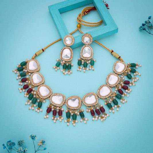 Tehzeeb Creations Gold-Polished Kundan Green & Maroon Colour Necklace With Earrings