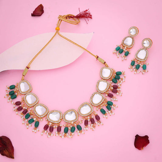 Tehzeeb Creations Gold-Polished Kundan Green & Maroon Colour Necklace With Earrings