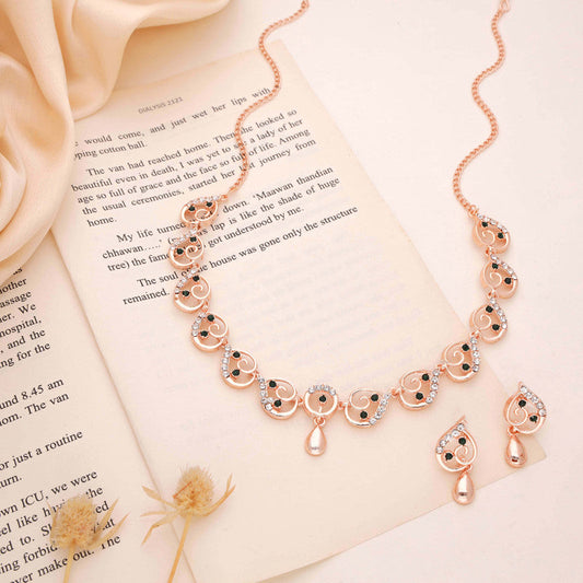 Tehzeeb Creations Brass Rose Gold-Polished Green Colour Necklace With Earrings