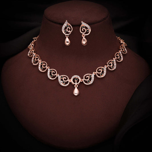 Tehzeeb Creations Brass Rose Gold-Polished Green Colour Necklace With Earrings