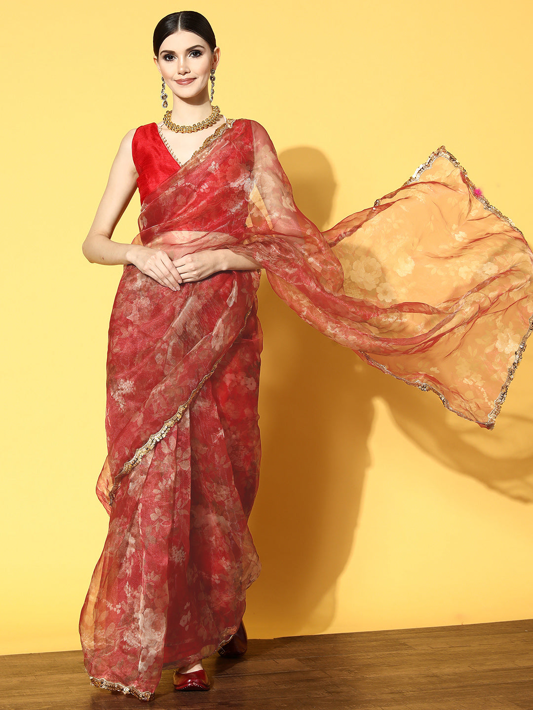 Tikhi Imli Red Floral Sequinned Organza Grab2Buy 