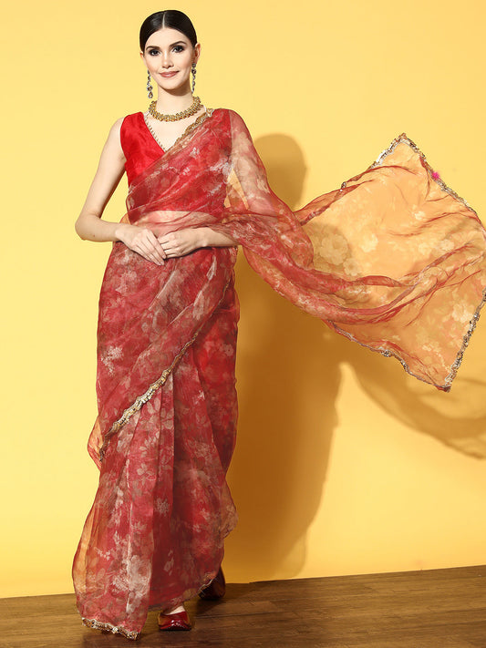 Tikhi Imli Red Floral Sequinned Organza Grab2Buy 