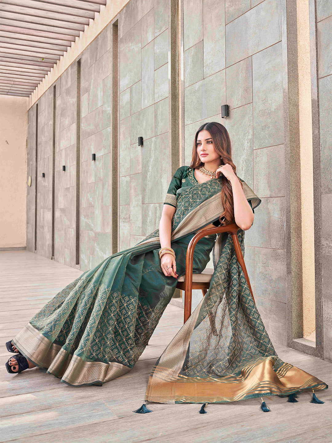 Tikhi Imli Olive Floral Embroidered Zari Organza Grab2Buy 