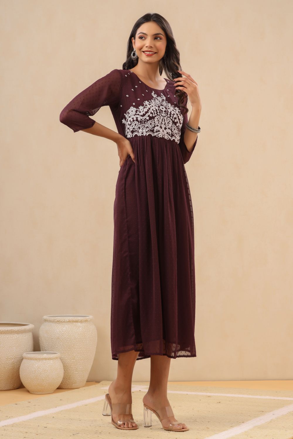 Juniper Womens Purple Chiffon Dobby Embroidered Maxi Dress