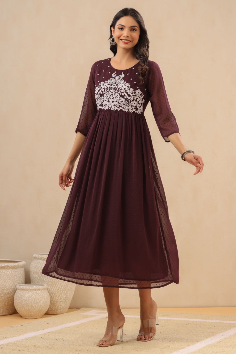 Juniper Womens Purple Chiffon Dobby Embroidered Maxi Dress