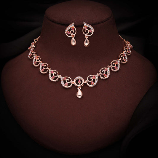 Tehzeeb Creations Brass Rose Gold-Polished Pink Colour Necklace With Earrings