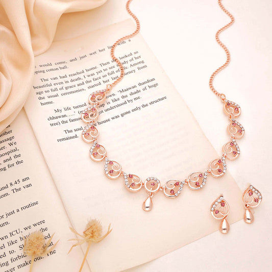 Tehzeeb Creations Brass Rose Gold-Polished Pink Colour Necklace With Earrings