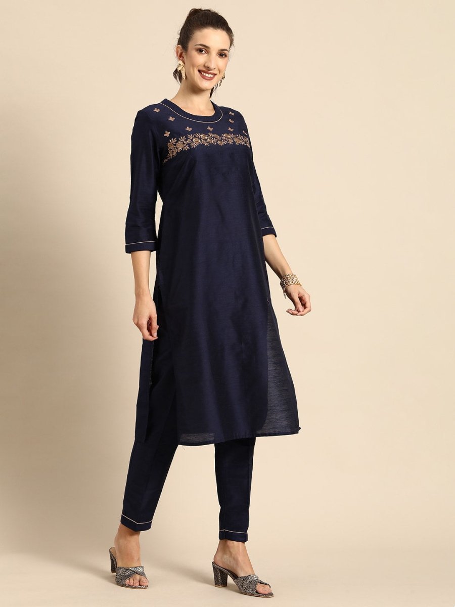 All About You Women Navy Blue Floral Thread Work Kurta with Trousers & With Dupatta