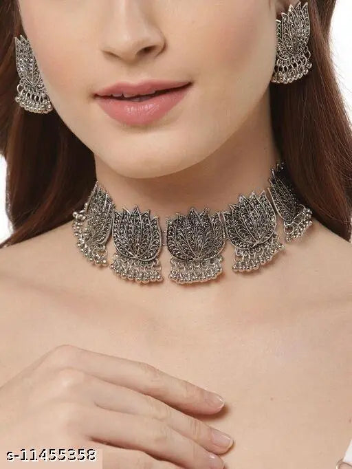 Tehzeeb Creations Women's Silver Colour Oxidised Lotus Design Necklace Set Tehzeeb Creations