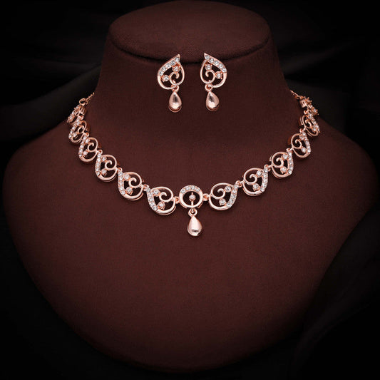 Tehzeeb Creations Brass Rose Gold-Polished White Colour Necklace With Earrings