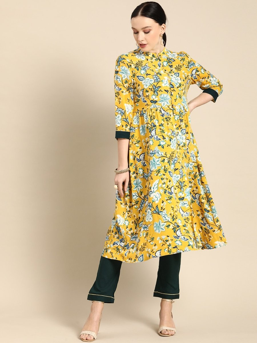 All About You Women Yellow Floral Print Regular Kurta with Trousers
