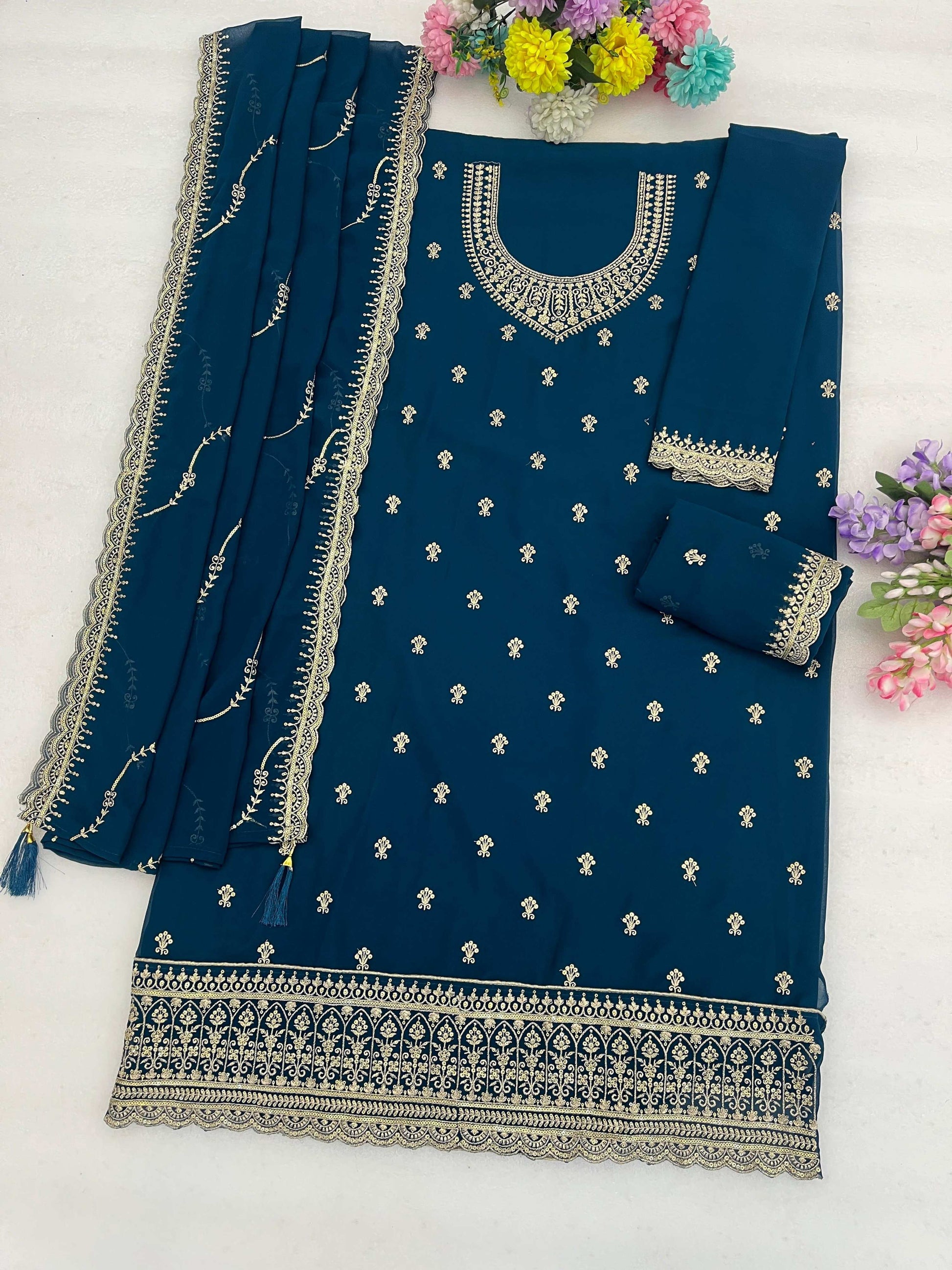 Anaita Teal Faux Georgette Suit With Embroidery Work