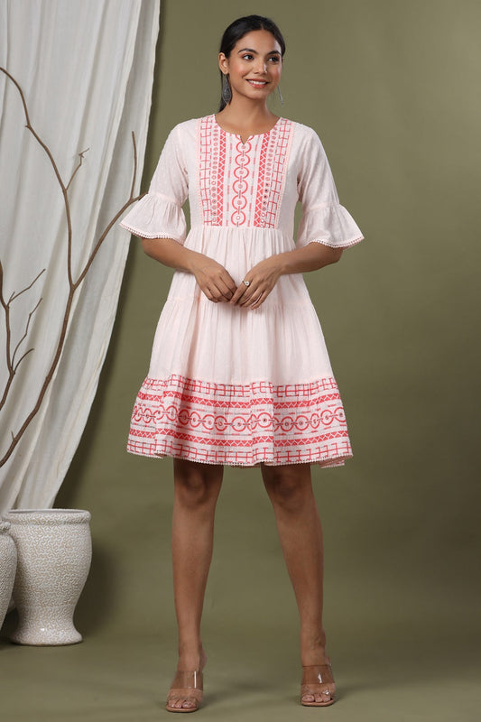 Juniper Peach Cotton Dobby Festive Embroidered Tiered Dress For Women