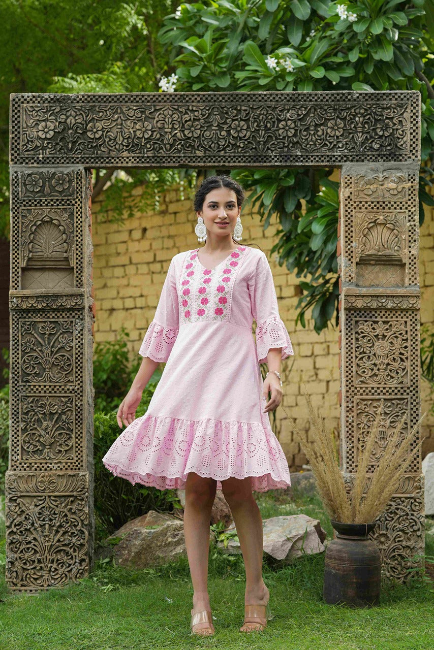 Juniper Pink Cotton Dobby Festive Embroidered Tiered Dress For Women
