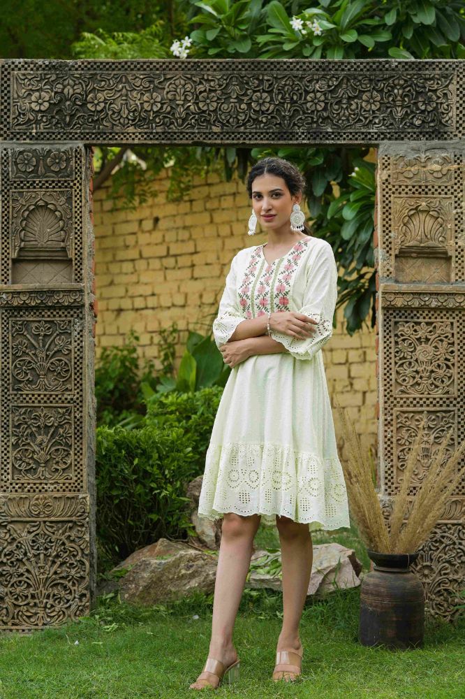 Juniper Pista Green Cotton Dobby Festive Embroidered Tiered Dress For Women