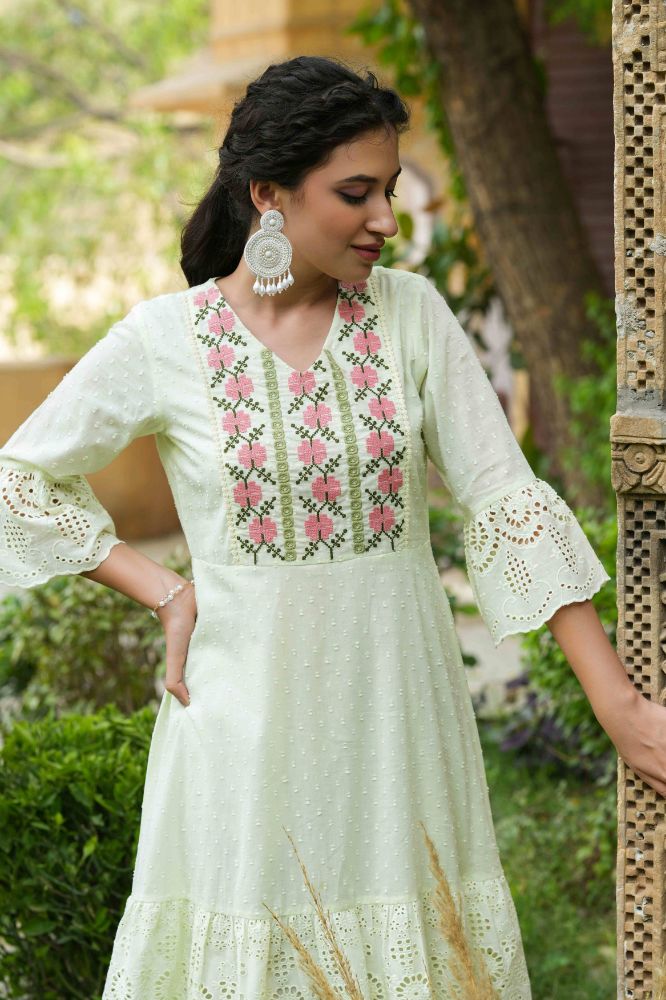 Juniper Pista Green Cotton Dobby Festive Embroidered Tiered Dress For Women