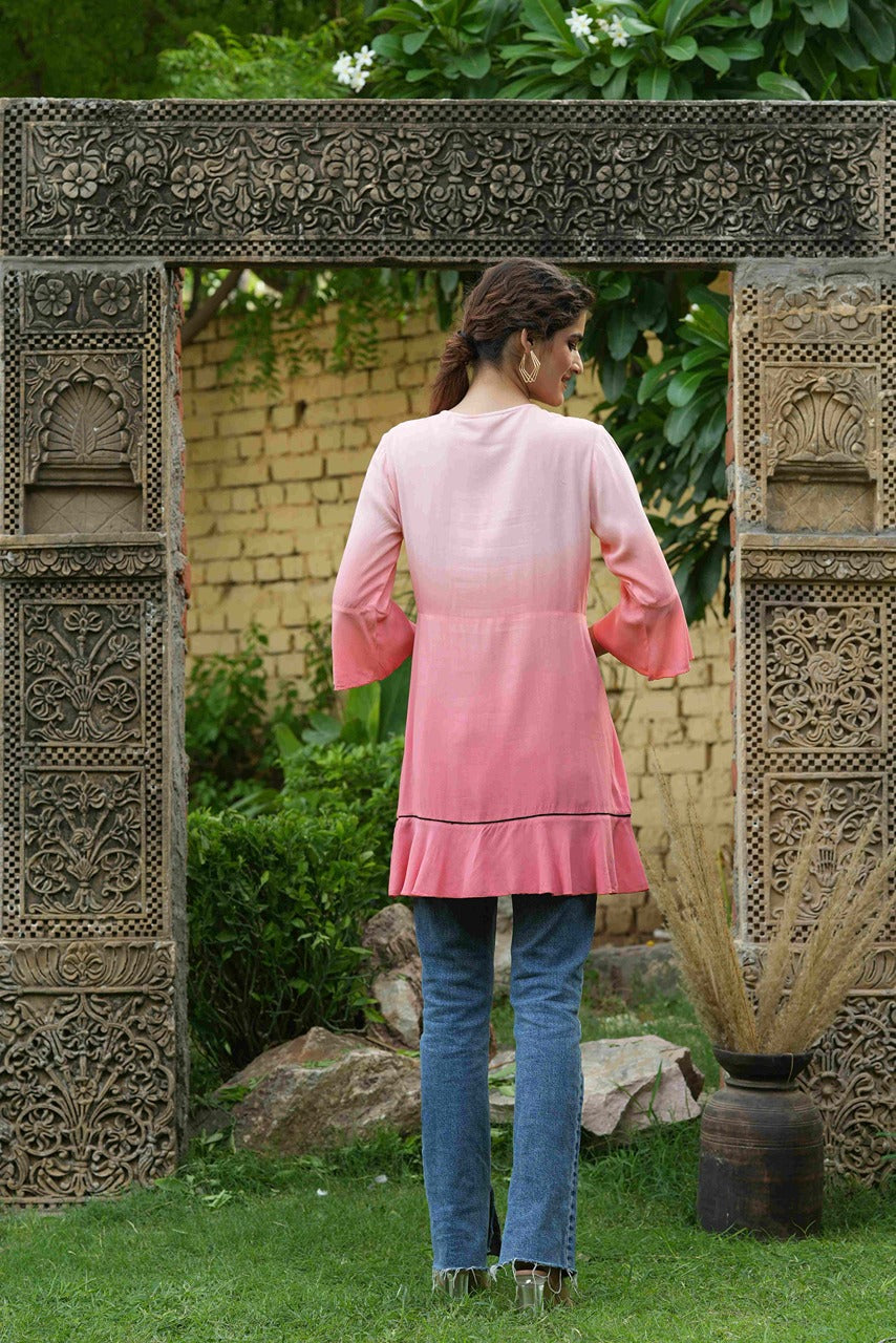 Juniper Peach Rayon Festive Embroidered Tiered Tunic For Women