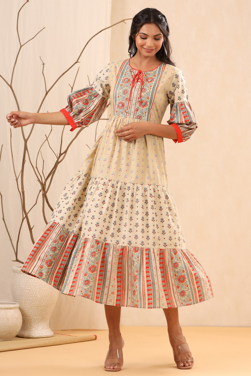 Juniper Beige Cambric Festive Printed Tiered Long Dress For Women