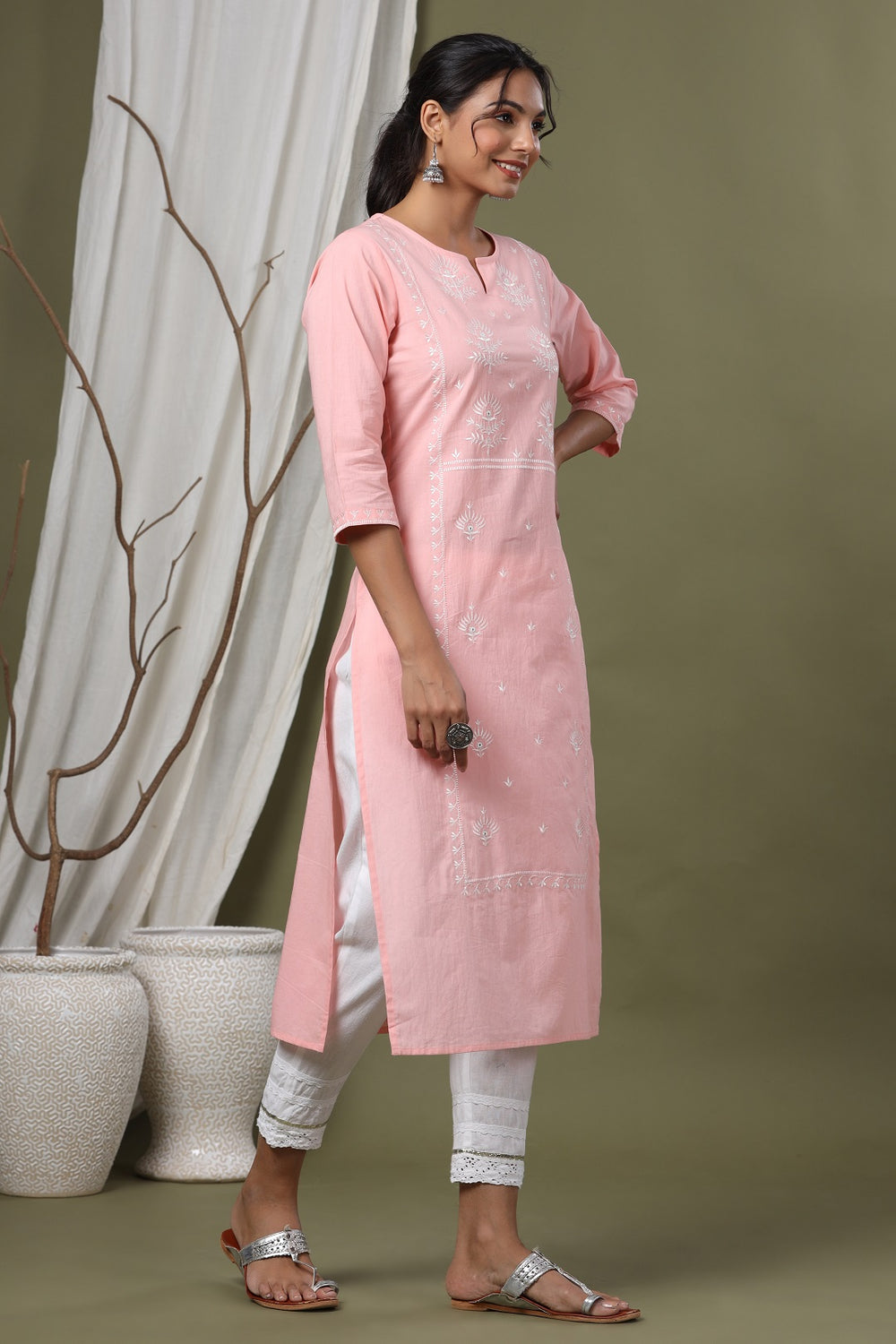 Juniper Pink Cambric Festive Embroidered Straight Kurta For Women