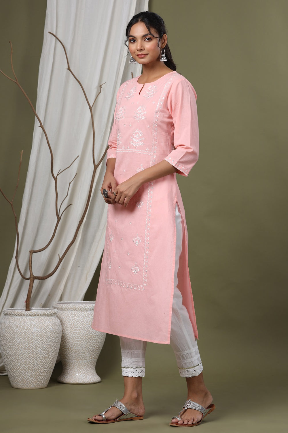 Juniper Pink Cambric Festive Embroidered Straight Kurta For Women
