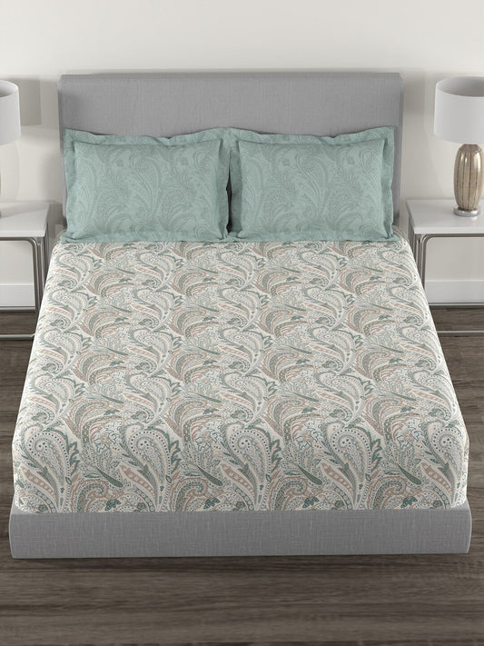 MYTRIDENT Green White Ethnic Motifs Cotton 144 TC Queen Bedsheet With 2 Pillow Covers 