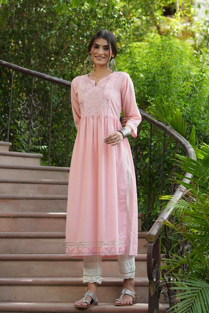 Juniper Peach Cotton Dobby Festive Embroidered A-Line Long Kurta For Women