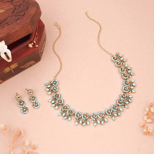 Tehzeeb Creations Gold Pleate Sky Blue Colour Choker Set