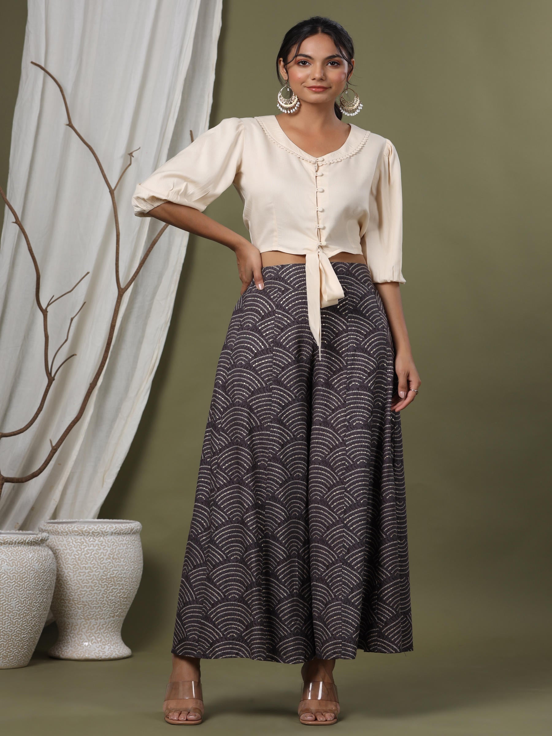 Juniper Grey Ethnic Motif Printed Rayon Flared & Kalidar Palazzo