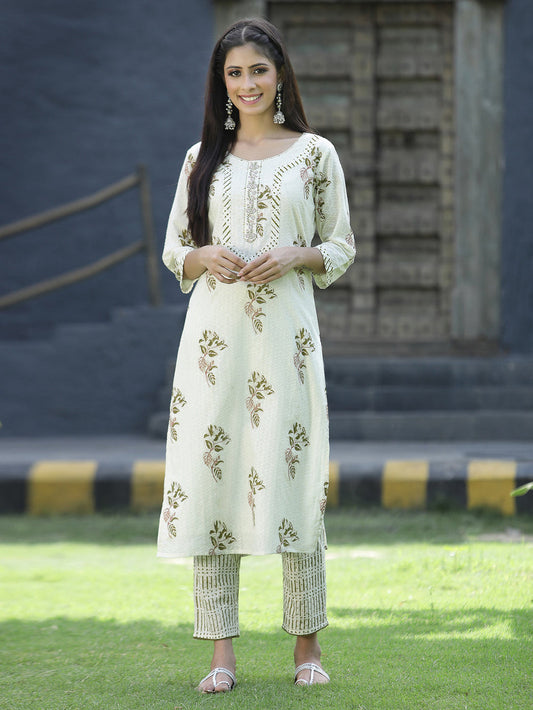 Juniper Off White Cotton Dobby Festive Printed Straight Kurta Sets For Women | Grab2Buy