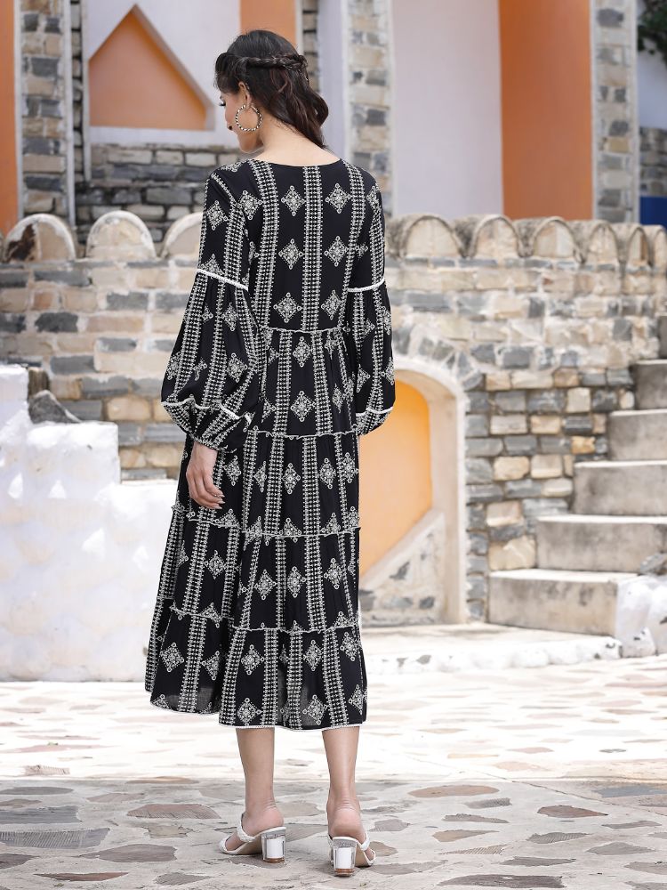 Juniper Women's Black Rayon Printed Tiered Dress