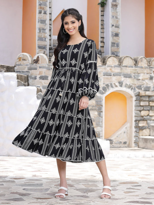 Juniper Women's Black Rayon Printed Tiered Dress