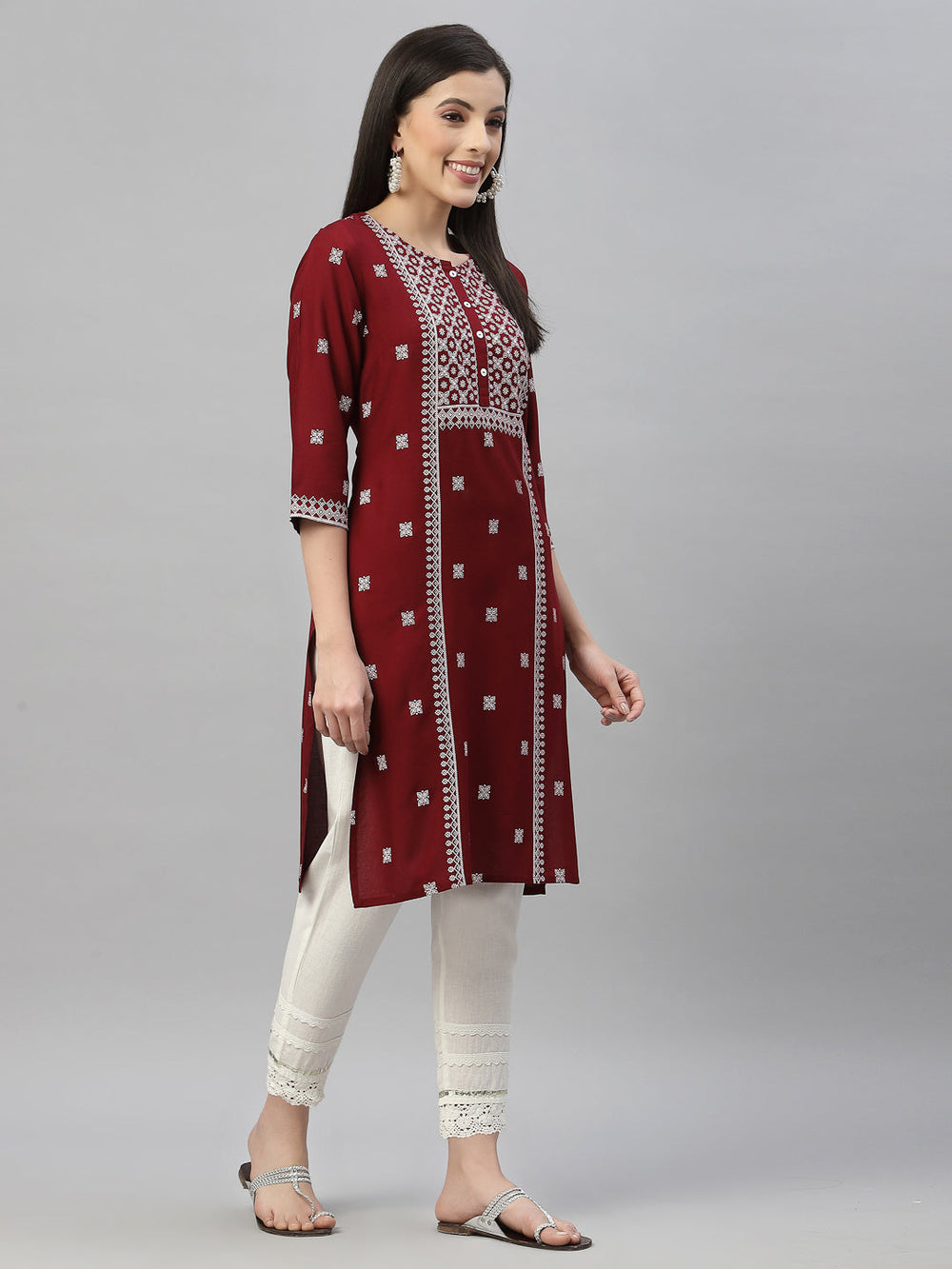 Juniper Maroon Rayon Festive Placement Print Straight Kurta For Women