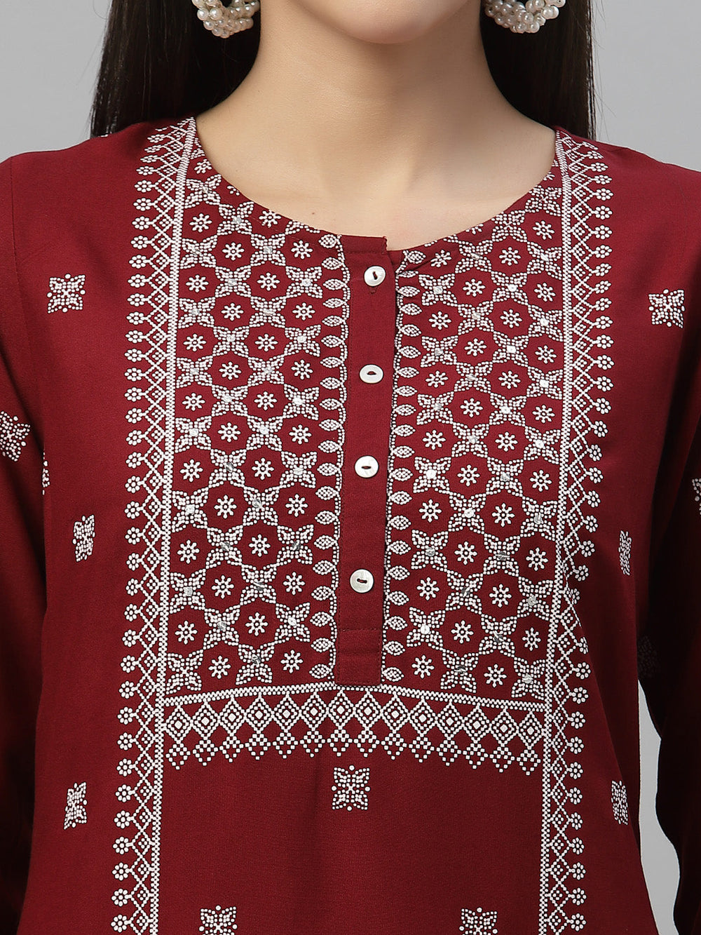 Juniper Maroon Rayon Festive Placement Print Straight Kurta For Women