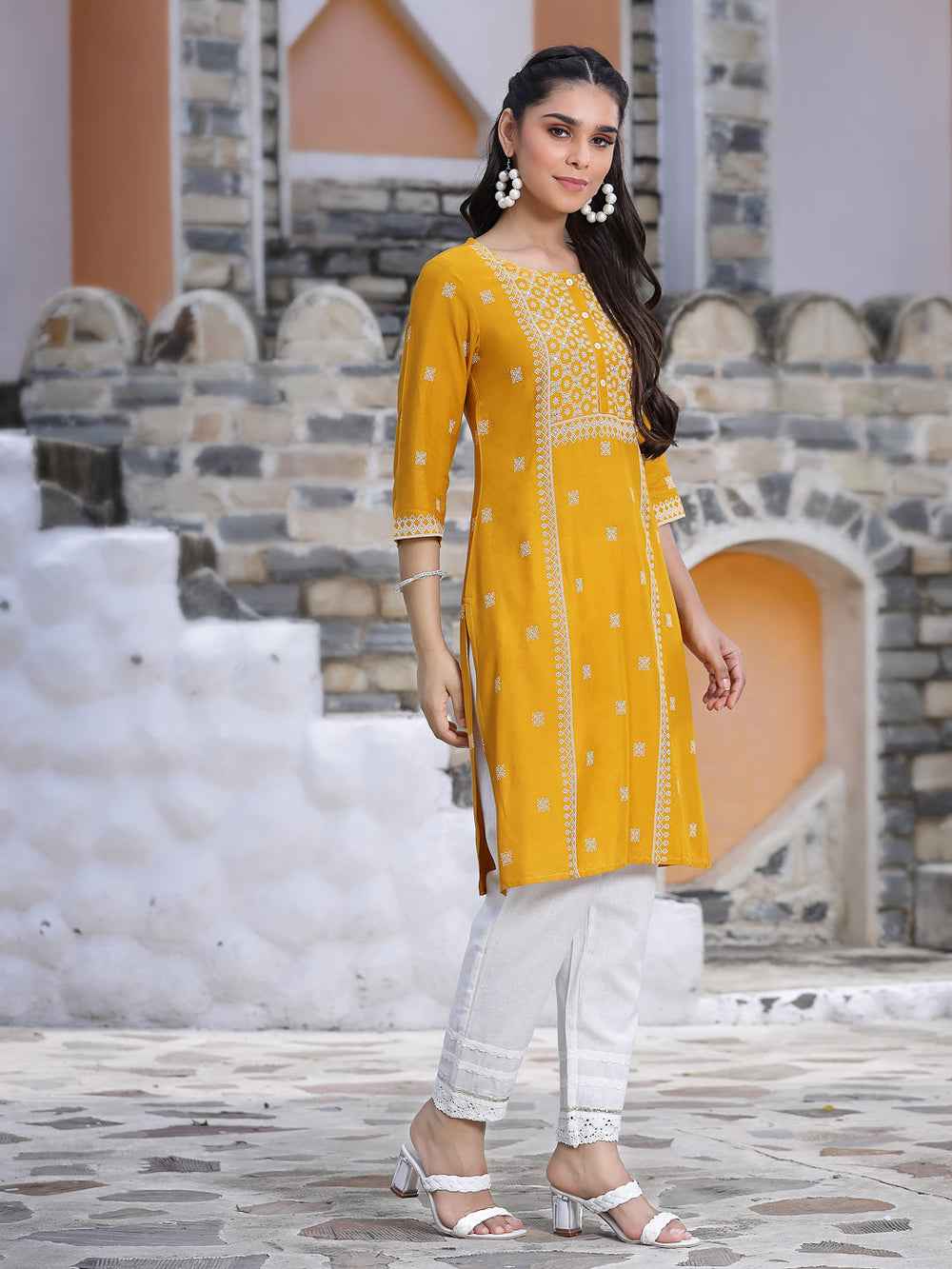 Juniper Women's Mustard Rayon Placement Print Straight Kurta