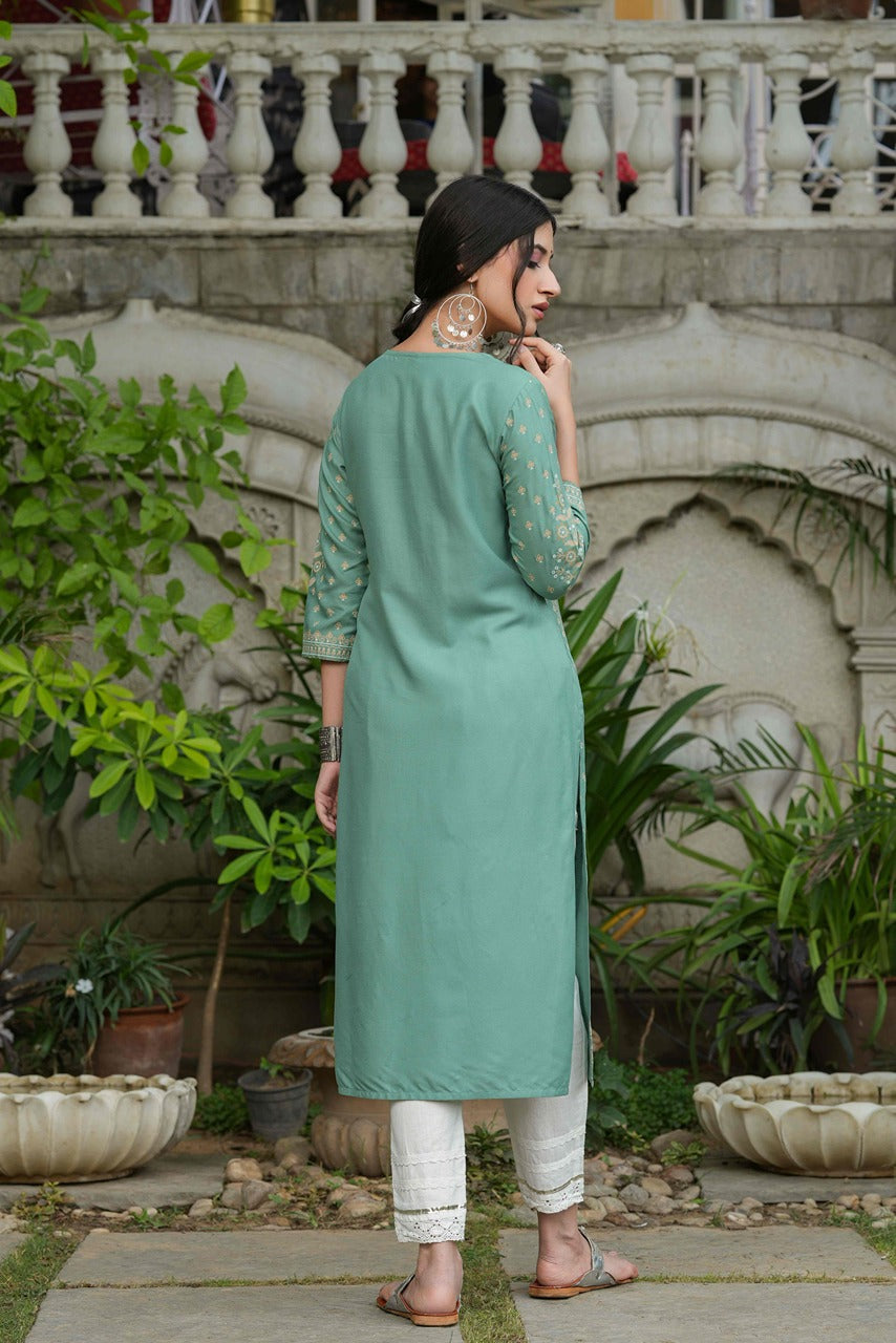 Juniper Women's Sage Green Rayon Staple Straight Placement Print Kurta