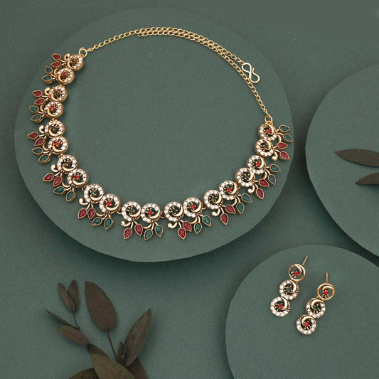 Tehzeeb Creations Gold Pleate Maroon & Green Colour Choker Set