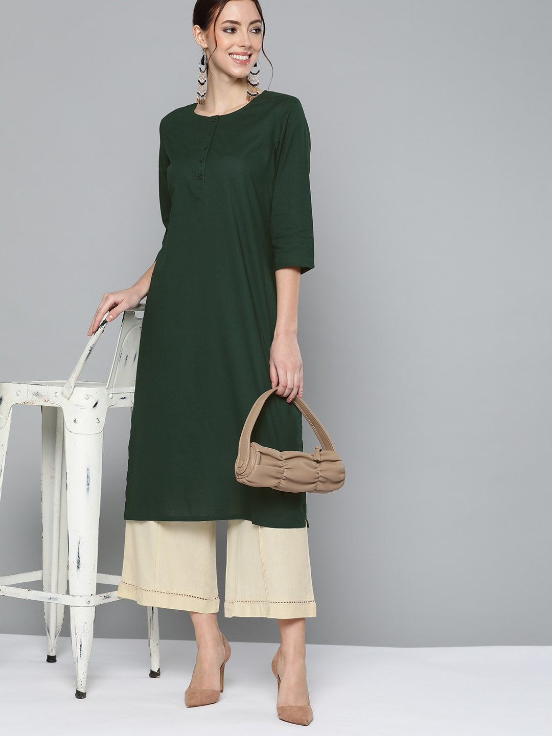 HERE&NOW Women Green Pure Cotton Solid Kurta