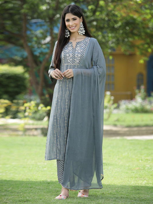 Juniper Grey Muslin Festive Printed Straight Skd For Women | Grab2Buy