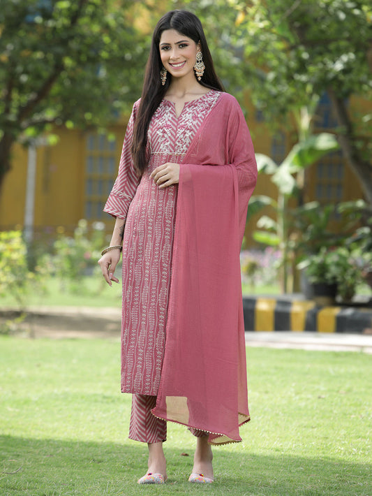Juniper Onion Pink Muslin Festive Printed Straight Skd For Women | Grab2Buy