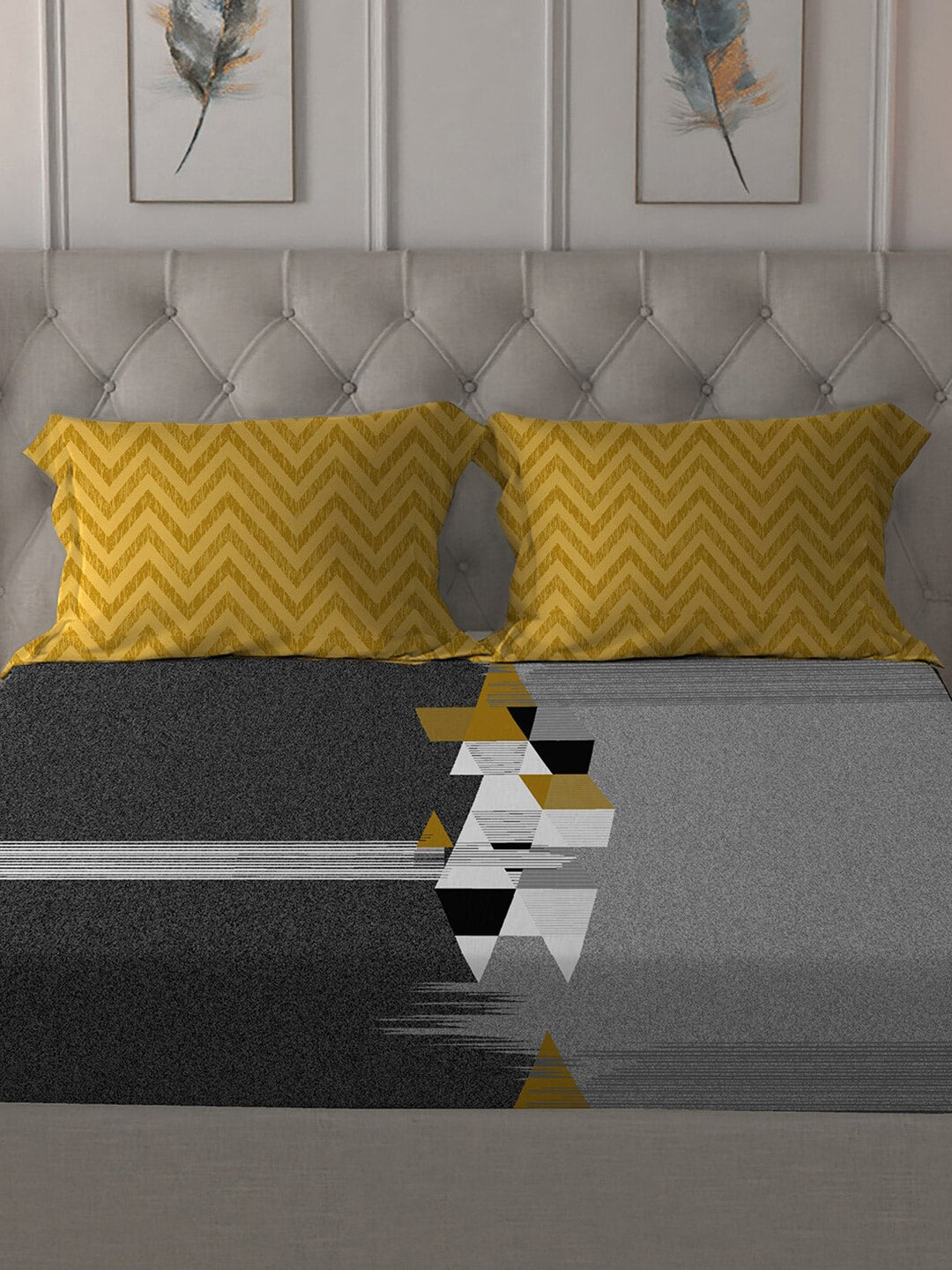 MYTRIDENT Grey Melange White Geometric Cotton 144 TC Queen Bedsheet With 2 Pillow Covers 